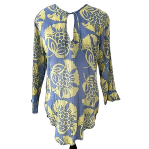 ROCK FLOWER PAPER Cotton Blouse Bell Sleeves Tie Neck Crinkle Fabric Floral Boho